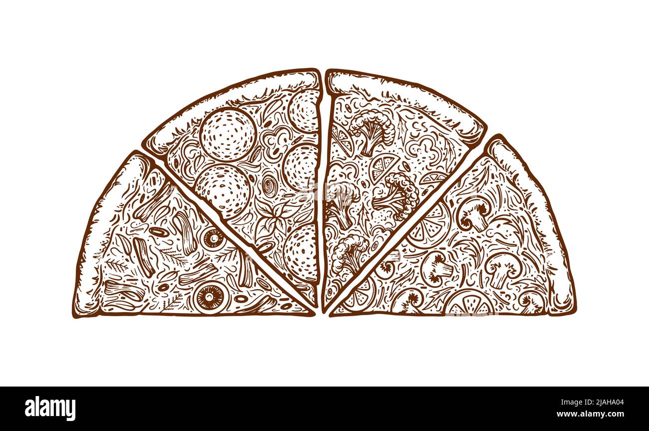 Pizza tagliata a pezzi. Modello di design per il menu gastronomico italiano. Modello di menu pizzeria disegnato a mano. Illustrazione vettoriale. Illustrazione Vettoriale