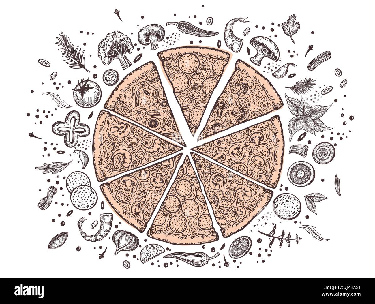 Pizza e ingredienti. Modello di menu pizzeria disegnato a mano. Set di prodotti della cucina italiana. Illustrazione vettoriale Illustrazione Vettoriale