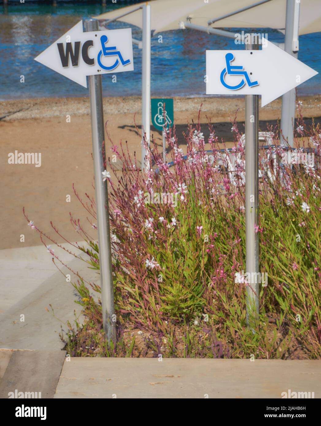 Il logo del bagno per disabili sulla spiaggia Foto Stock