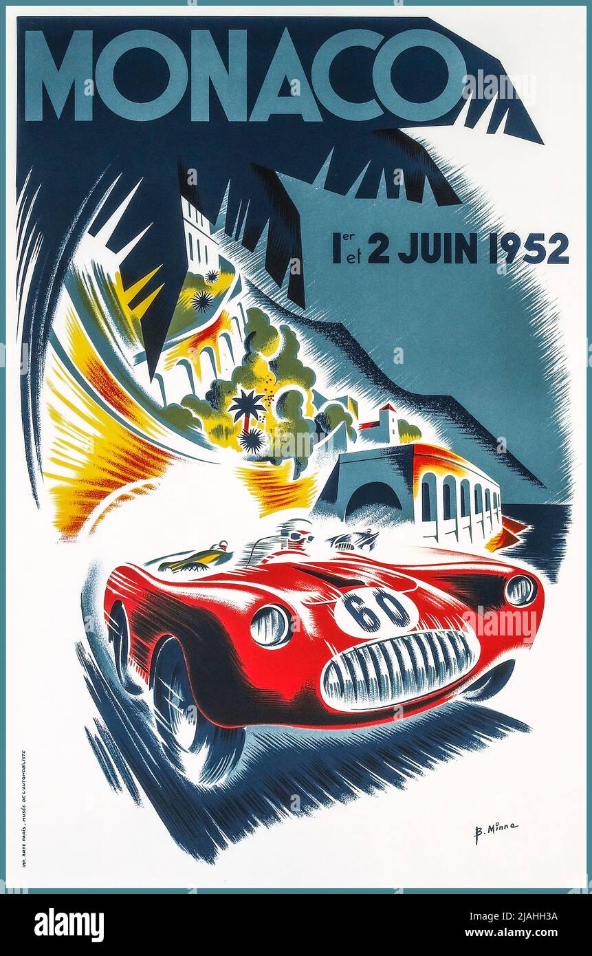 GRAN PREMIO DI MONACO 1952, Gran Premio d'epoca per gli sport automobilisti 1st/2nd giugno 1952 litografia Monte-Carlo a colori, 1952, stampata da Monégasque, Monte-Carlo, dall'artista B. Minne - Foto Stock
