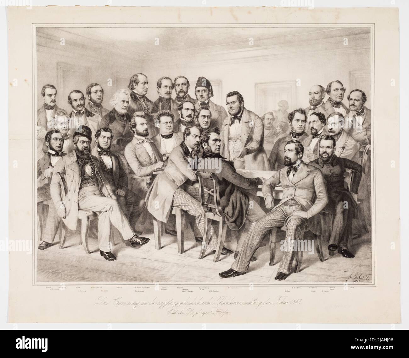 "In memoria della costituzione, Assemblea del Reich tedesco del 1848. / Club della corte di Augusta." (Ritratto di gruppo: Alfred von Arneth, Franz Barth, Wilhelm Beseler, Karl Biedermann, Carl von Breuning, August Emmerling, Heinrich Carl Esmarch, Friedrich Wilhelm Alexander Falk, Johannes Fallati, Karl Philipp Francke, Adolph Goeden, Carl Wilhelm otto Koch, Heinrich Laube, Robert von Mohl, Hans von Raumer, Gabriel Riesser, Gustav Adolf Rösler, Gustav von Rümelin, Heinrich Schierenberg, Albert Sprengel, Friedrich Wilhelm Stahl, Stedmann, Gustav Adolf Stenzel, Philipp Wilhelm Wernher, Christian Friedrich Foto Stock