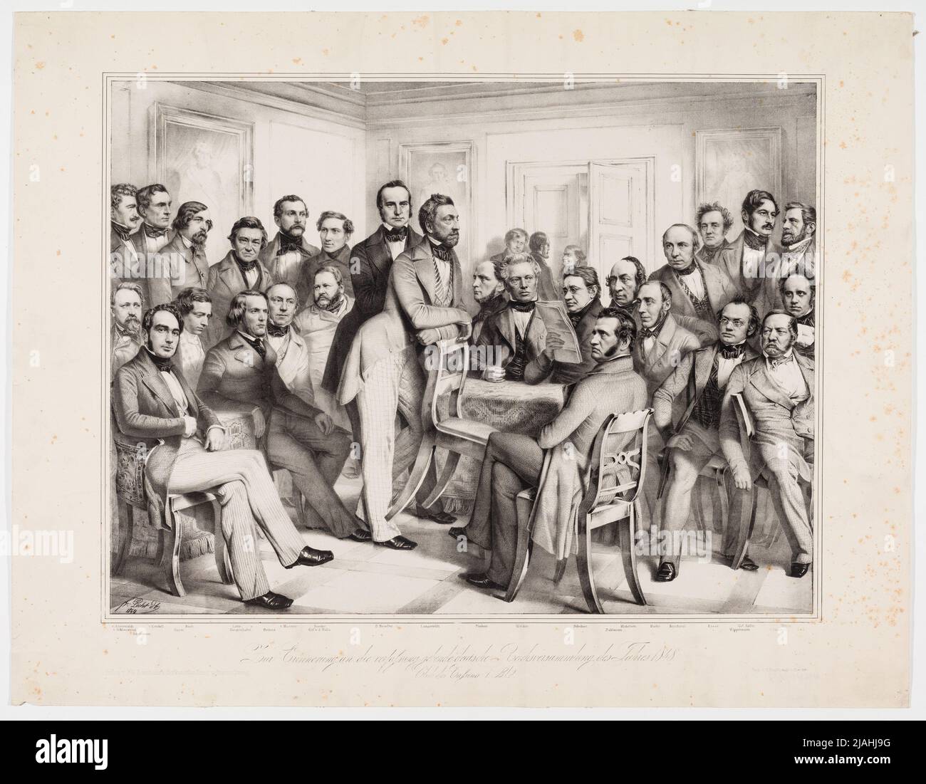 "In memoria della costituzione, Assemblea del Reich tedesco del 1848. / Club del Casinò 1. B." (Ritratto di gruppo: Hans Jakob von Auerswald, Karl Bernhardi, Carl Georg Beseler, Eugen Bock, Ysaak Brons, Friedrich Christoph Dahlmann, Peter Franz Ignaz Deiters, Golz, Wilhelm Gysae, Robert Haym, August Hergenhahn, Gustav von Keller, otto von Keudell, Gustav Langerfeldt, Wilhelm Adolf lette, Hermann von Massow, Karl Mathy, Andreas Michelsen, otto Plathner, Friedrich Roeder, Ernst Friedrich Fabian von Saucken-Tarputschen, Franz von Schleussing, Schubert, Eduard von Simson, Moritz Veit, Karl Theodor Welcke Foto Stock