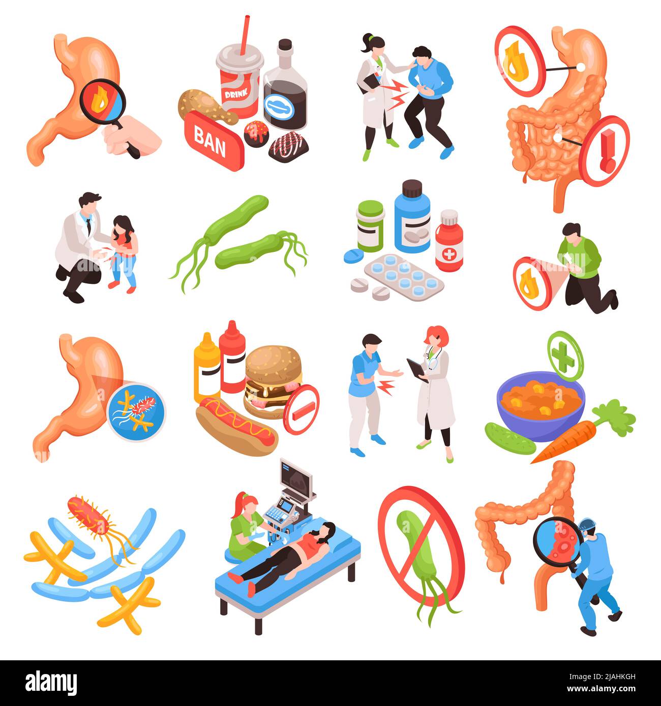 Icone gastroenterologiche isometriche impostate con organi del tratto gastrointestinale trattamento pazienti e medici 3D illustrazione vettoriale isolata Illustrazione Vettoriale