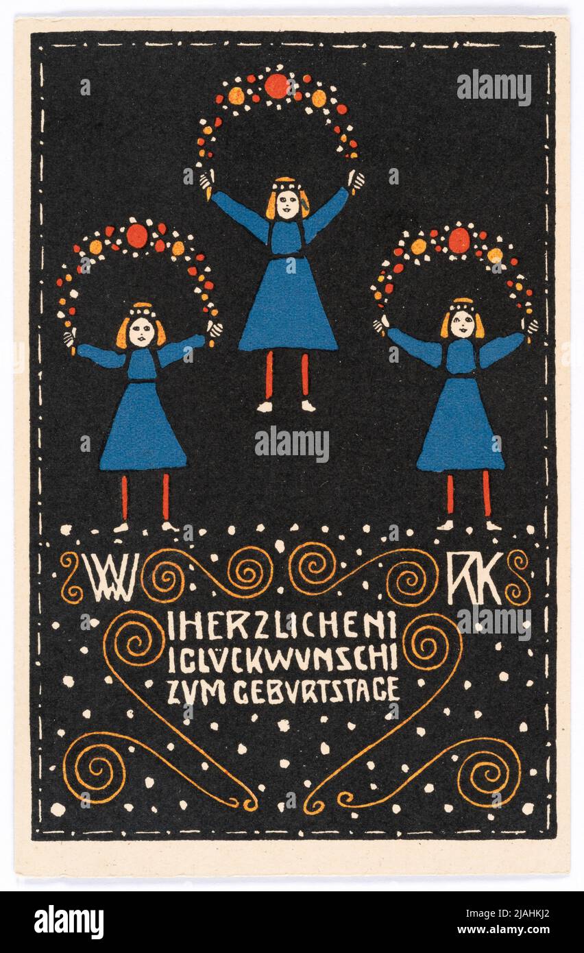 Cartolina di Wiener Werkstätte n° 27: Tessera di compleanno. Rudolf Kalvach (1883-1932), artista, Wiener Werkstätte, casa editrice Foto Stock