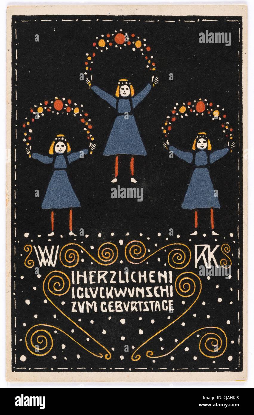 Cartolina di Wiener Werkstätte n° 27: Tessera di compleanno. Rudolf Kalvach (1883-1932), artista, Wiener Werkstätte, casa editrice Foto Stock