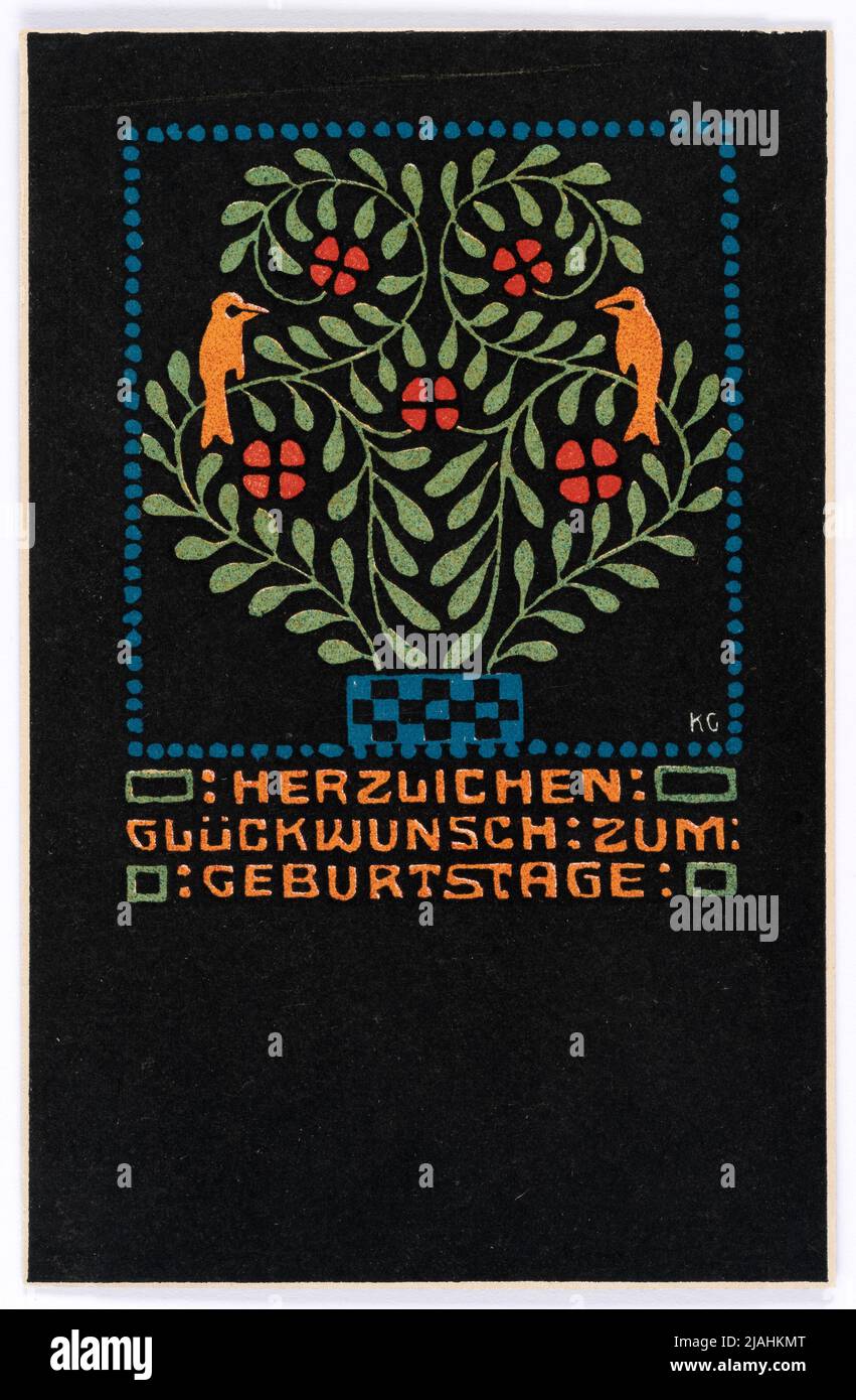 Cartolina di Wiener Werkstätte No. 51: Uccelli in un bastone di fiori. Gustav Kalhammer (1886-1919), artista, Wiener Werkstätte, casa editrice Foto Stock