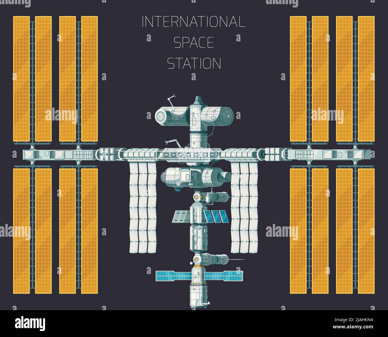 Concetto di stazione spaziale internazionale orbitale a colori piatti con vista dall'alto e pannelli gialli Illustrazione Vettoriale