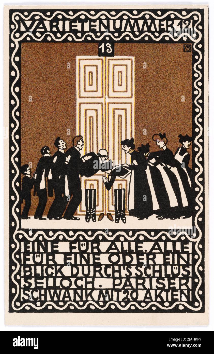 Cartolina del Wiener Werkstätte No. 83: 'Varietà numero 12: Uno per tutti, tutti per uno o uno sguardo attraverso il buco. Parigi con 20 file'. Moriz Jung (1885-1915), artista, Wiener Werkstätte, casa editrice Foto Stock