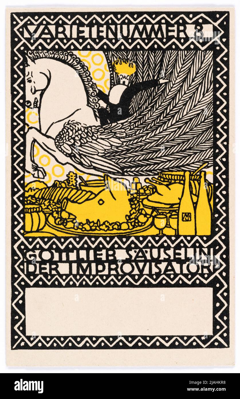 Cartolina di Wiener Werkstätte n° 92: 'Varietary number 8: Gottlieb Säuselin l'improvvisatore'. Moriz Jung (1885-1915), artista, Wiener Werkstätte, casa editrice Foto Stock