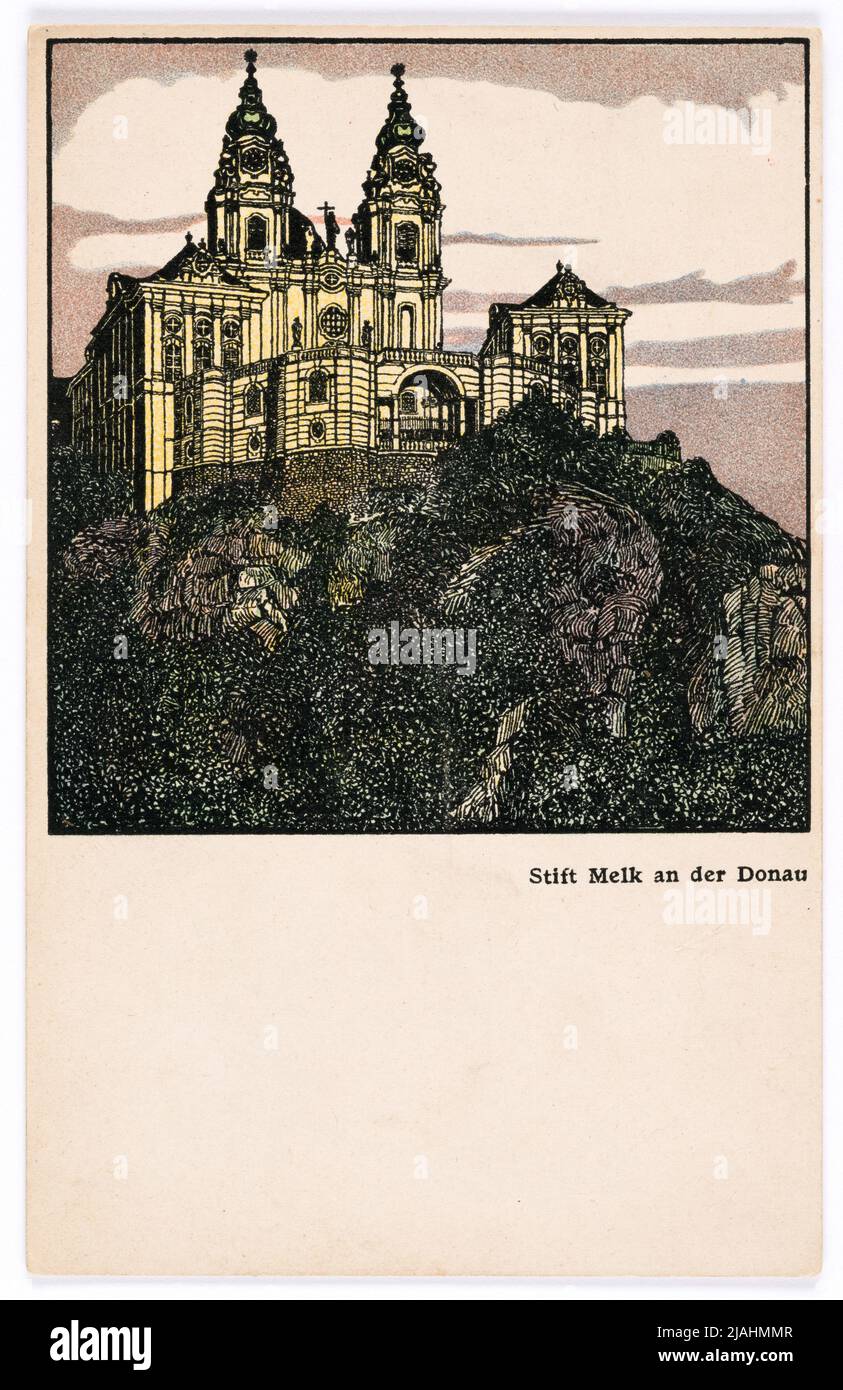 Cartolina di Wiener Werkstätte n° 442: Abbazia di Melk sul Danubio. Gustav Kalhammer (1886-1919), artista, Wiener Werkstätte, casa editrice Foto Stock