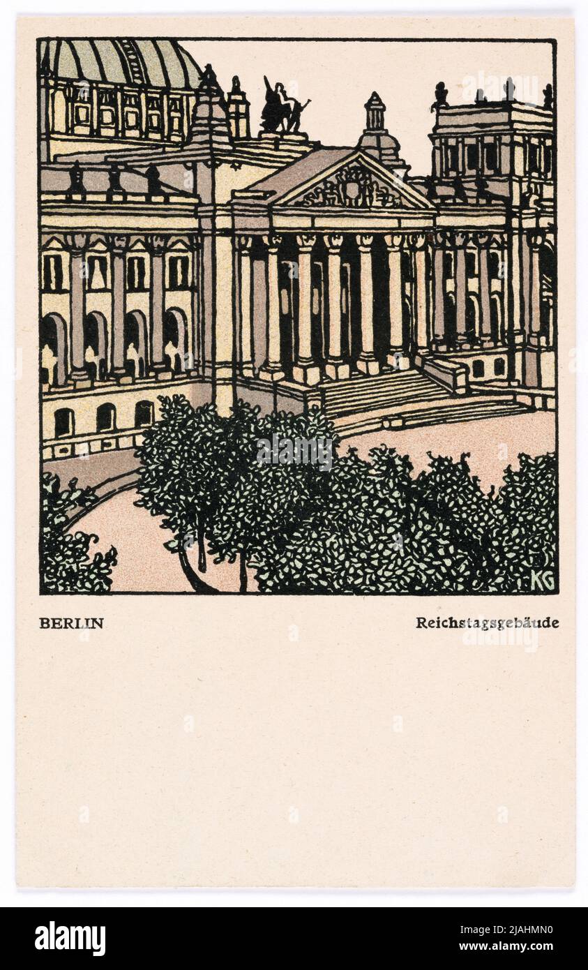 Cartolina del Wiener Werkstätte n° 438: Berlino, edificio del Reichstag. Gustav Kalhammer (1886-1919), artista, Wiener Werkstätte, casa editrice Foto Stock