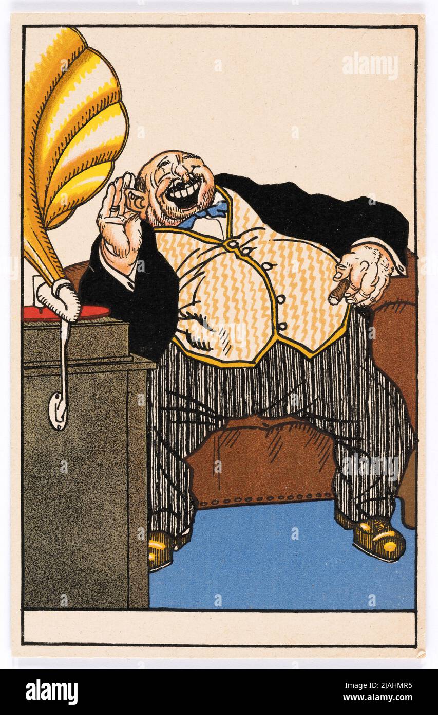 Cartolina del Wiener Werkstätte n° 506: Uomo con gramophone. Moriz Jung (1885-1915), artista, Wiener Werkstätte, casa editrice Foto Stock
