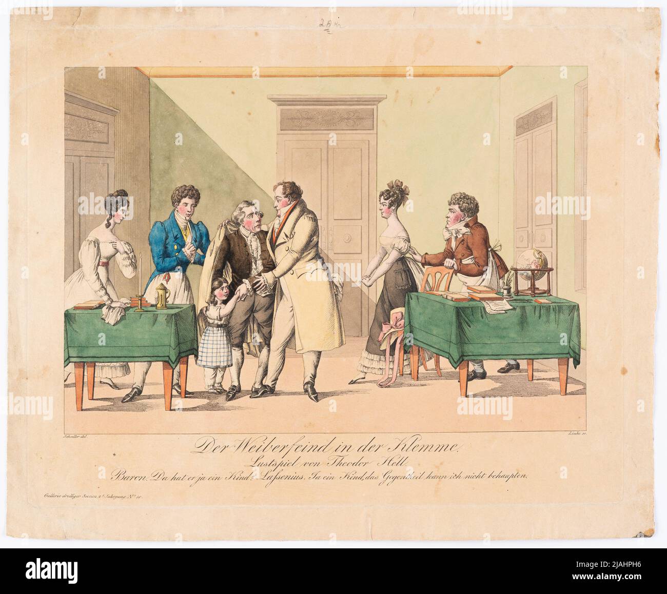 'Il nemico delle donne nel terminale' di Theodor Hell (Gallerie Drollerie Scenen per il giornale teatrale, 2nd anni, n° 10). Johann Wenzel Zinke (1782-1851), incisore di rame, dopo: Johann Christian Schoeller (1782-1851), artista Foto Stock