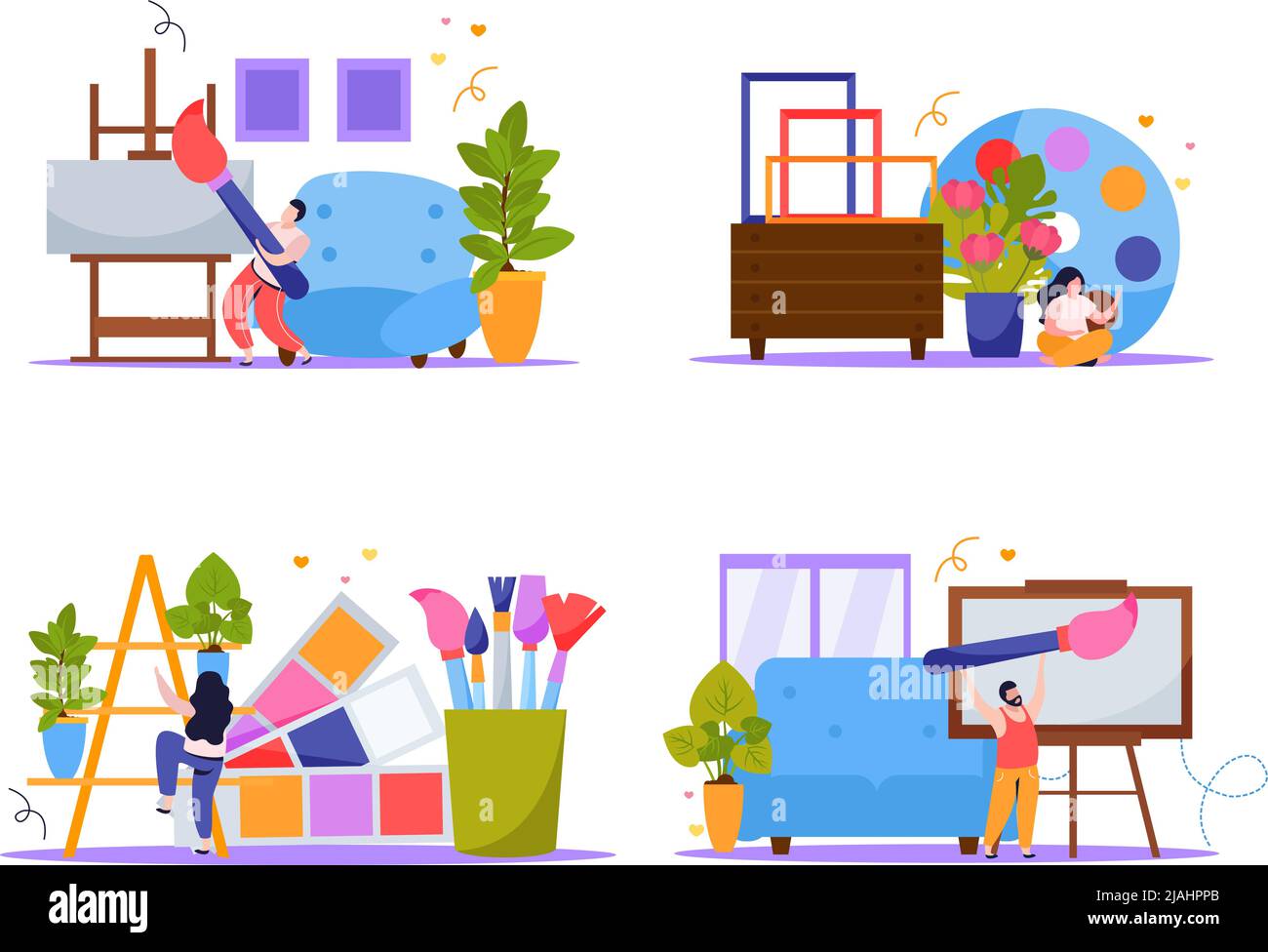 International Artists Day 2x2 flat design concept set di artisti pittura materiali e strumenti cartoon vettoriale illustrazione Illustrazione Vettoriale