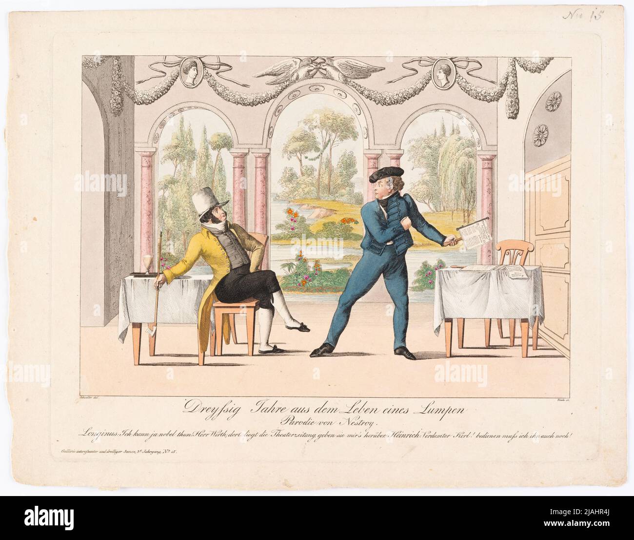 'Trent'anni dalla vita di uno strog' di Nestroy (Gallerie Droller Scenen al giornale teatrale, 3rd anni, n° 15). Johann Wenzel Zinke (1782-1851), incisore di rame, dopo: Johann Christian Schoeller (1782-1851), artista Foto Stock