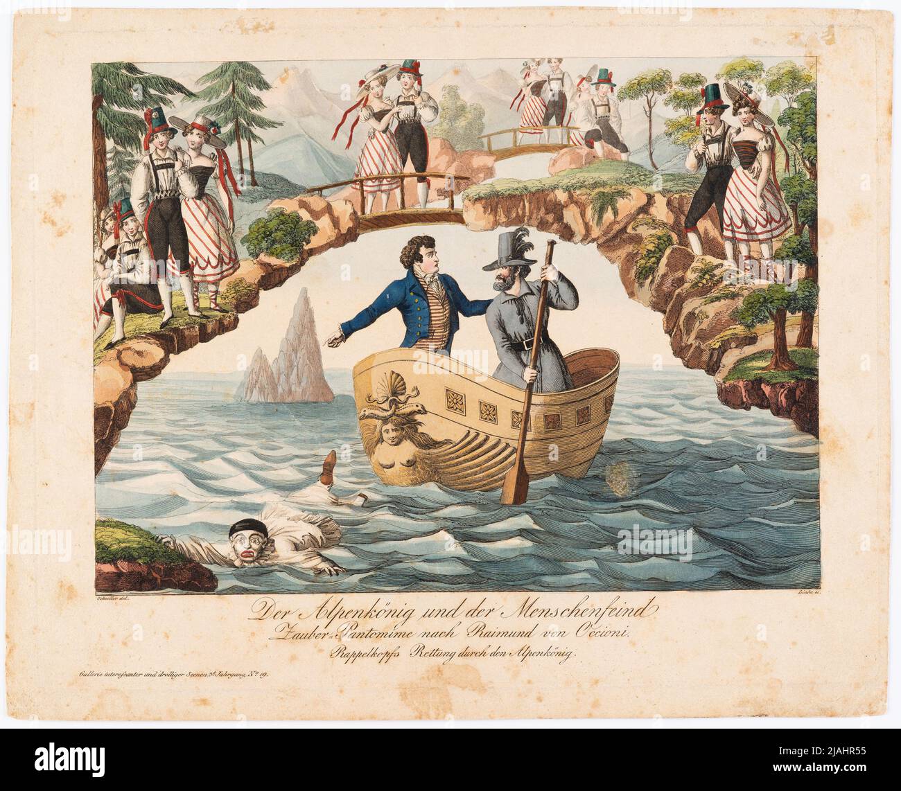 "Il re alpino e la misantrope". Magic Pantomime secondo Raimund da Occioni / Rappelkopfs Rescue dal Re Alpino (Gallerie Droller Scenen per il giornale teatrale, 3rd anni, n° 19). Johann Wenzel Zinke (1782-1851), incisore di rame, dopo: Johann Christian Schoeller (1782-1851), artista Foto Stock