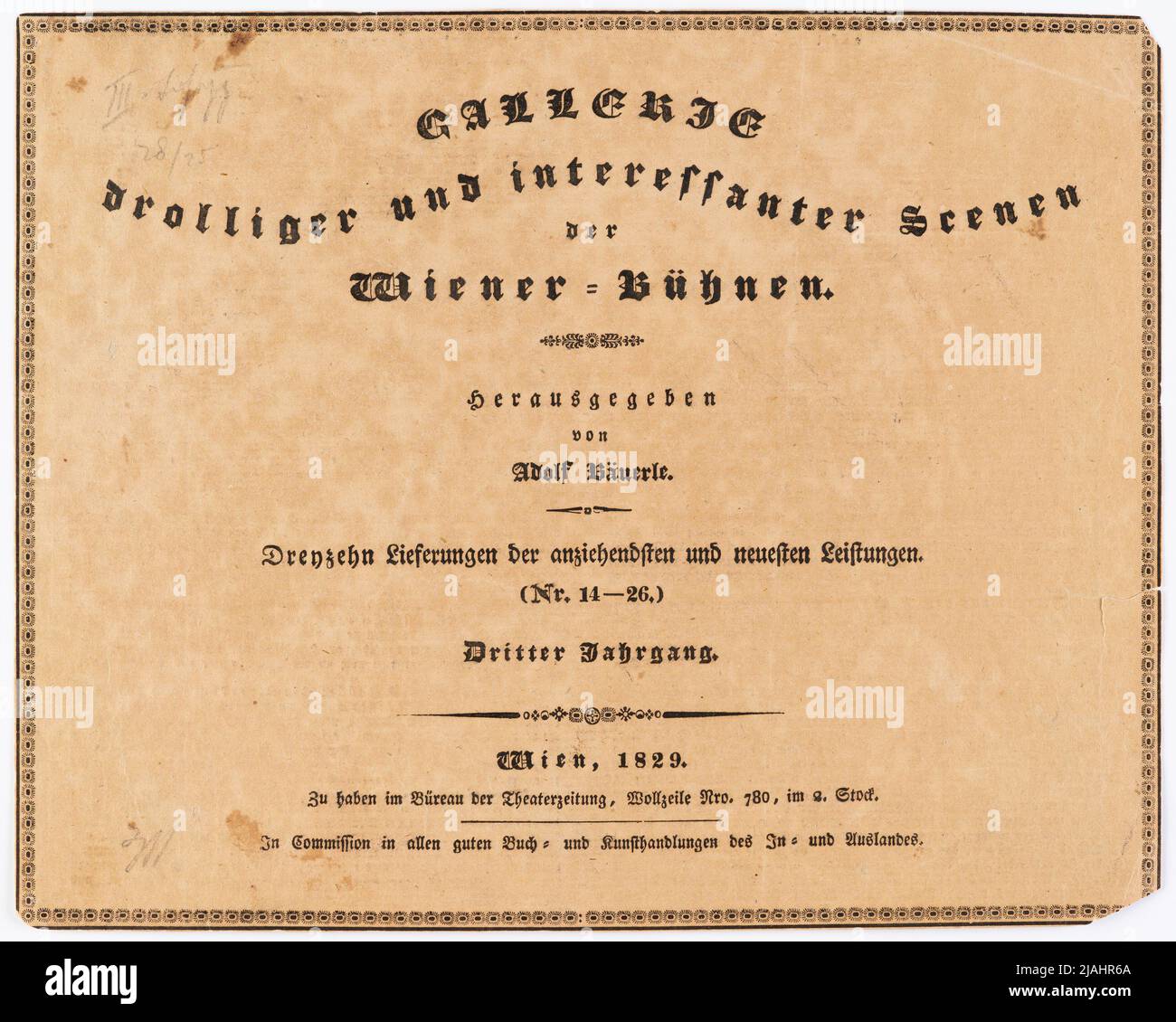 Gallerie interessanti e scene di caduta, III. Vintage, 1829, pagina del titolo e foglio di testo. Adolf Bäuerle (1786-1859), editore Foto Stock