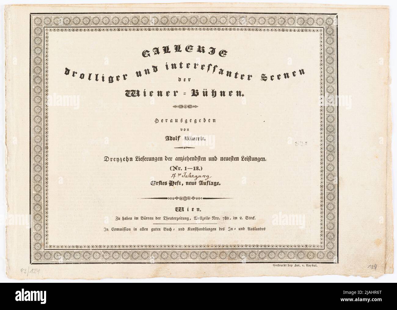 Gallerie Droller e interessanti scene del Wiener-Bühnen (4th anni, I. numero), pagina del titolo e siti di testo. Adolf Bäuerle (1786-1859), editore Foto Stock