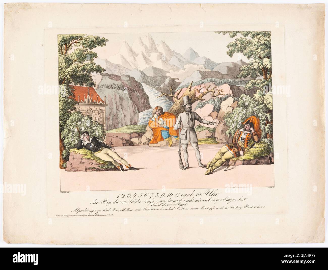 '1.2.3.4.5.6.8.9.10.10.11 e 12 mezzogiorno, / o a questo pezzo non si sa quanto ha fatto.' QuodLibet di Carl (Gallerie Drollerie Scenen al Theaterzeitung, Jg. 3, N. 3). Johann Wenzel Zinke (1782-1851), incisore di rame, dopo: Johann Christian Schoeller (1782-1851), artista Foto Stock