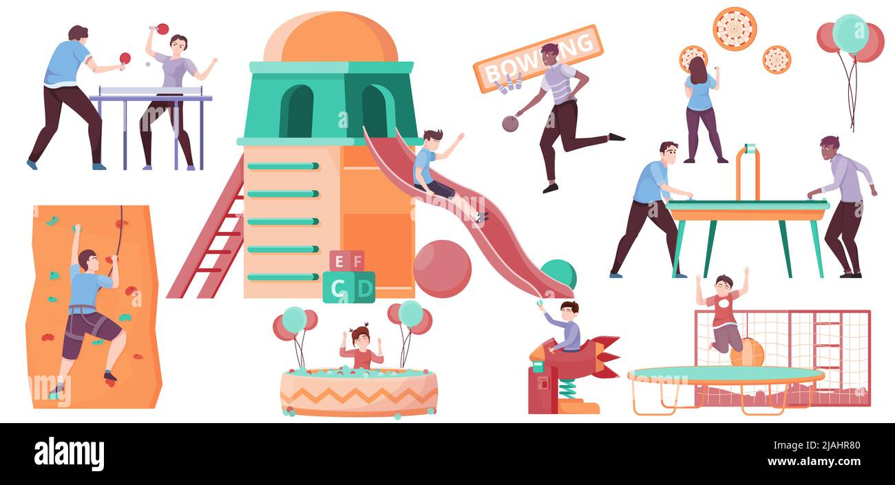 Set del centro di intrattenimento di personaggi umani isolati piatti con icone di attrezzature da gioco e palloncini volanti illustrazione vettoriale Illustrazione Vettoriale