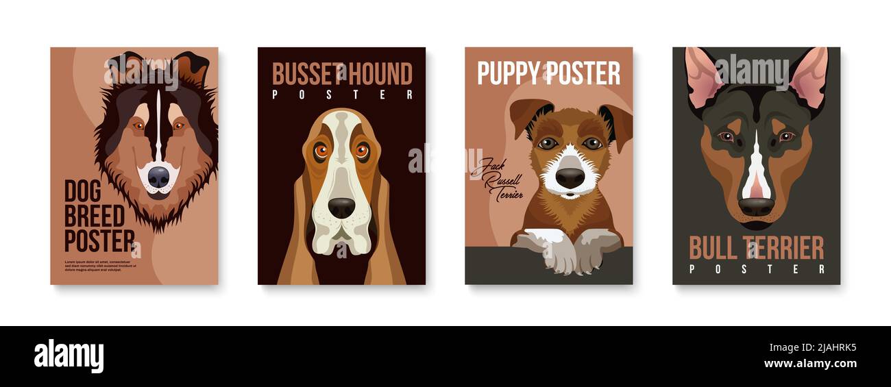 Cani e cuccioli razze poster verticali set con ritratti piatti di collie busset hound jack russel e bull terrier isolato vettore illustrratio Illustrazione Vettoriale