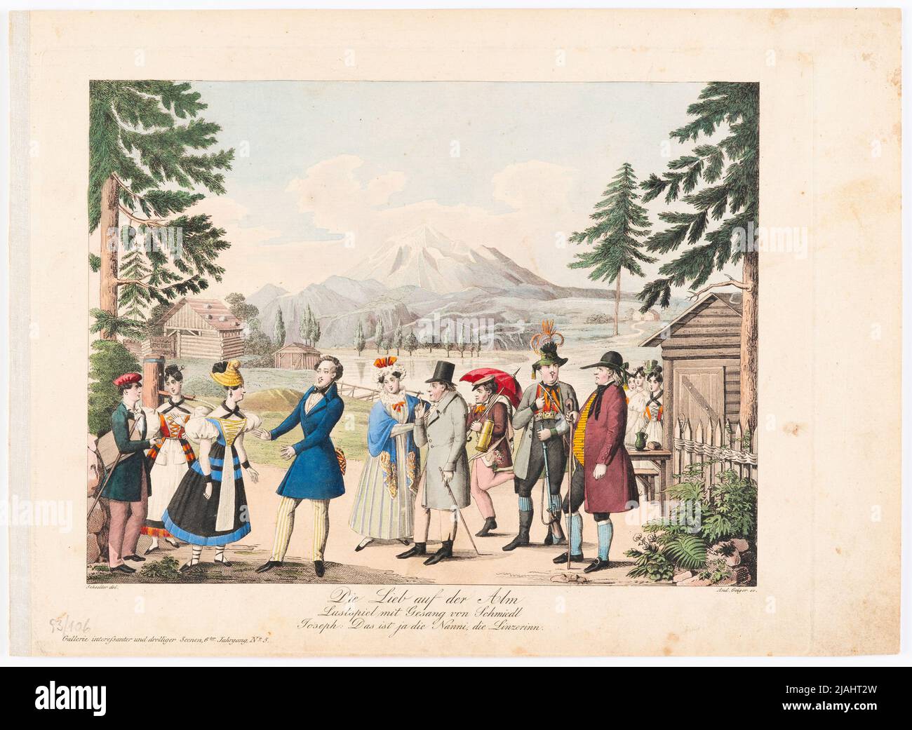 'Die Lieb on the Alm' di Schmidt (Gallerie Drollerie Scenen per il giornale teatrale, 6th anni, n° 5). Andreas Geiger (1765-1856), incisore di rame, dopo: Johann Christian Schoeller (1782-1851), artista Foto Stock