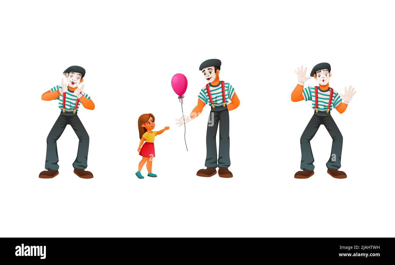 Street performer artista musicista ballerino cartoon insieme di personaggi umani isolati con clown gesti e ragazza vettore illustrazione Illustrazione Vettoriale