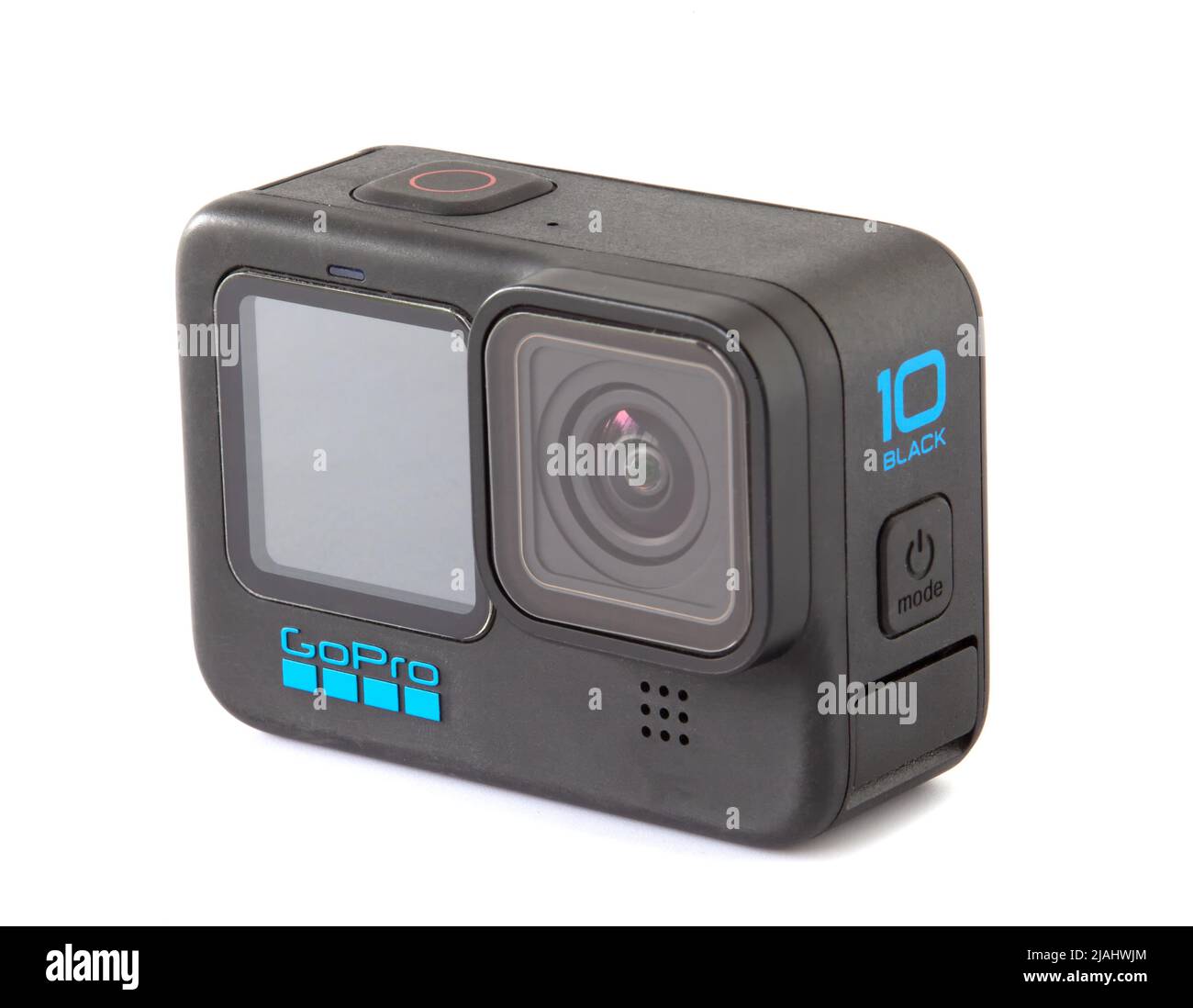 GoPro Hero 10, Action camera isolata su sfondo bianco, vista dell'obiettivo., Kiev, Ucraina, 21.05.2022. Foto Stock