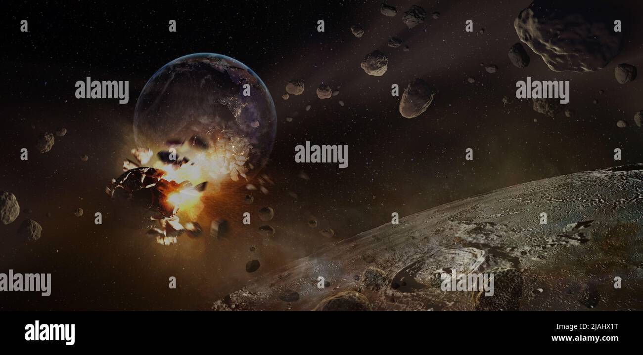 Le meteoriti attaccano il pianeta Terra, vista dalla Luna ad armageddon sotto forma di meteoriti che bruciano nell'atmosfera. Elementi di questa immagine Foto Stock