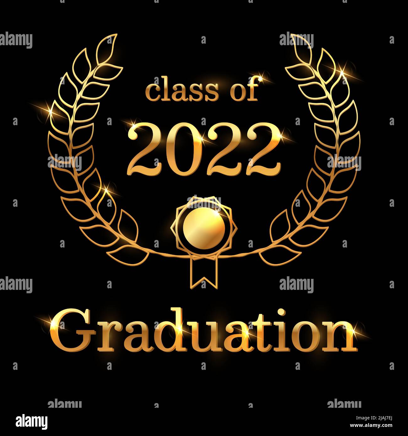 Elegante classe di 2022 graduazioni con poster. Nero e oro. Modello vettoriale lucido per inviti a feste di laurea, graduazioni o biglietti di auguri. Illustrazione Vettoriale