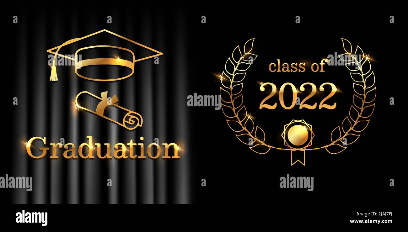 Poster di laurea o volantino con tappo e diploma per studenti. Nero e oro. Modello vettoriale per invito alla laurea, festa o biglietto d'auguri. Illustrazione Vettoriale