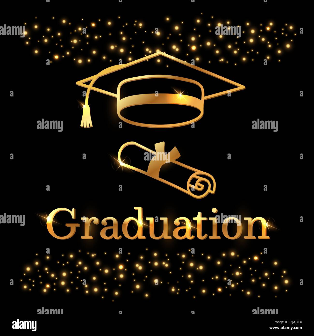 Banner di laurea, poster con cappellino universitario o di scuola superiore e testo di congratulazioni. Colore nero e oro. Modello vettoriale per invito o cartolina Illustrazione Vettoriale
