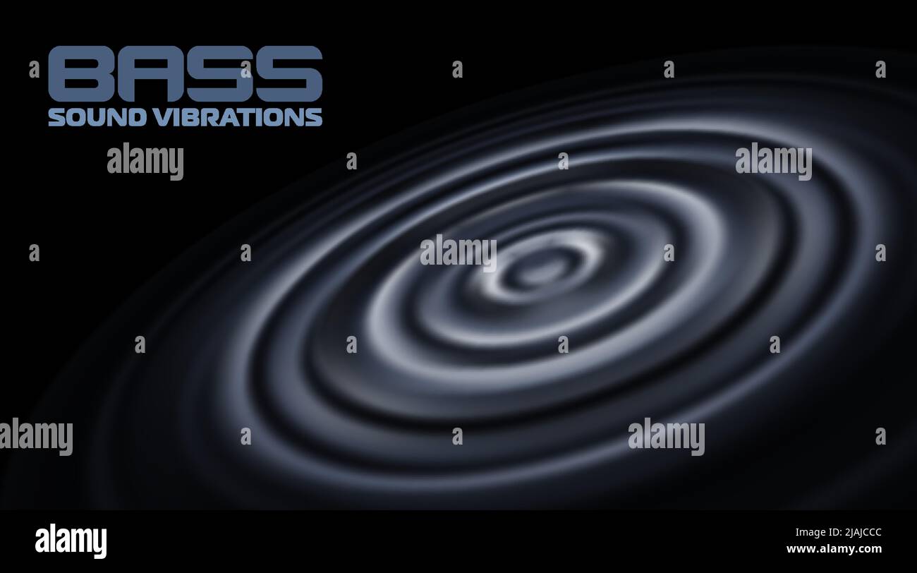 Bassi. L'altoparlante a bassa frequenza su sfondo nero pulsa con vibrazioni sonore. Illustrazione grafica vettoriale Illustrazione Vettoriale