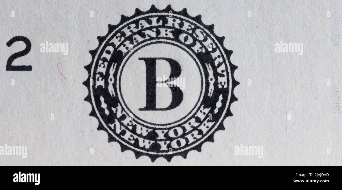 Banca della Federal Reserve di New York. Sigillo su una banconota da un dollaro Foto Stock