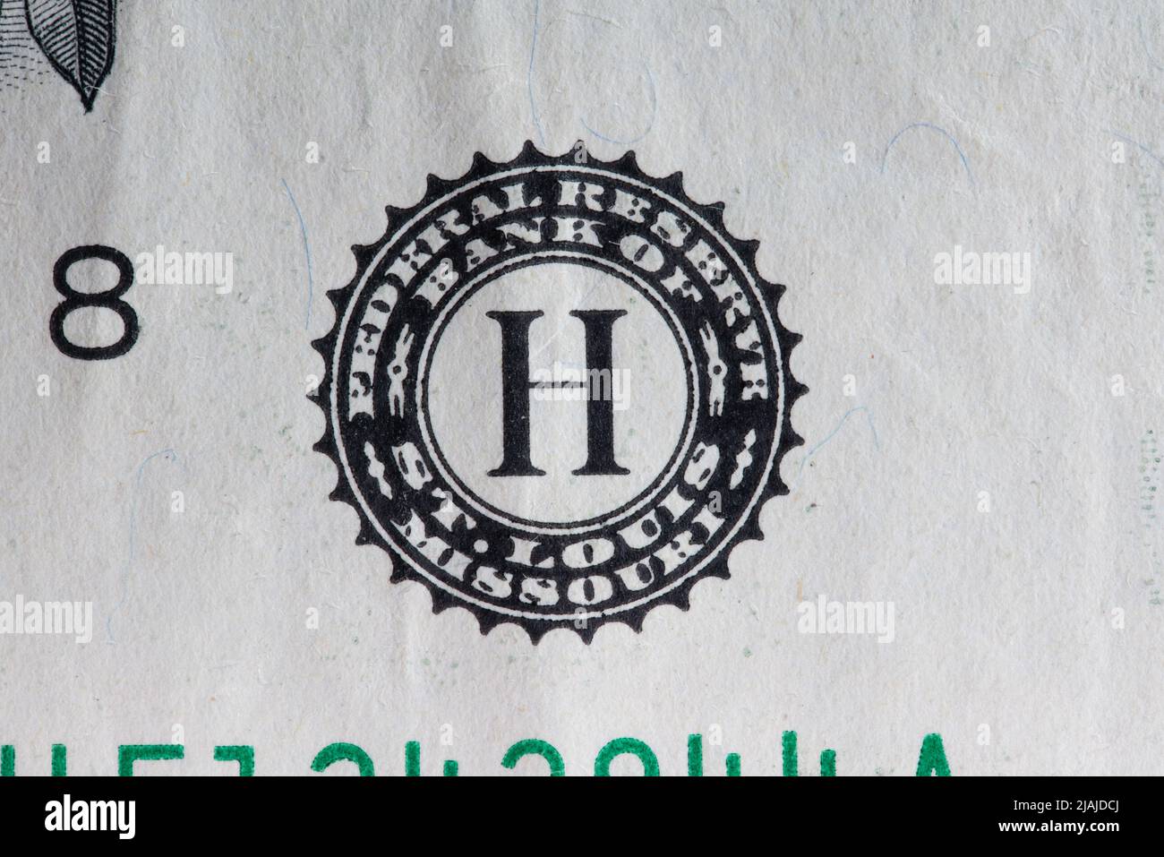 Banca della Federal Reserve di St. Luis, Missouri. Sigillo su una banconota da un dollaro Foto Stock