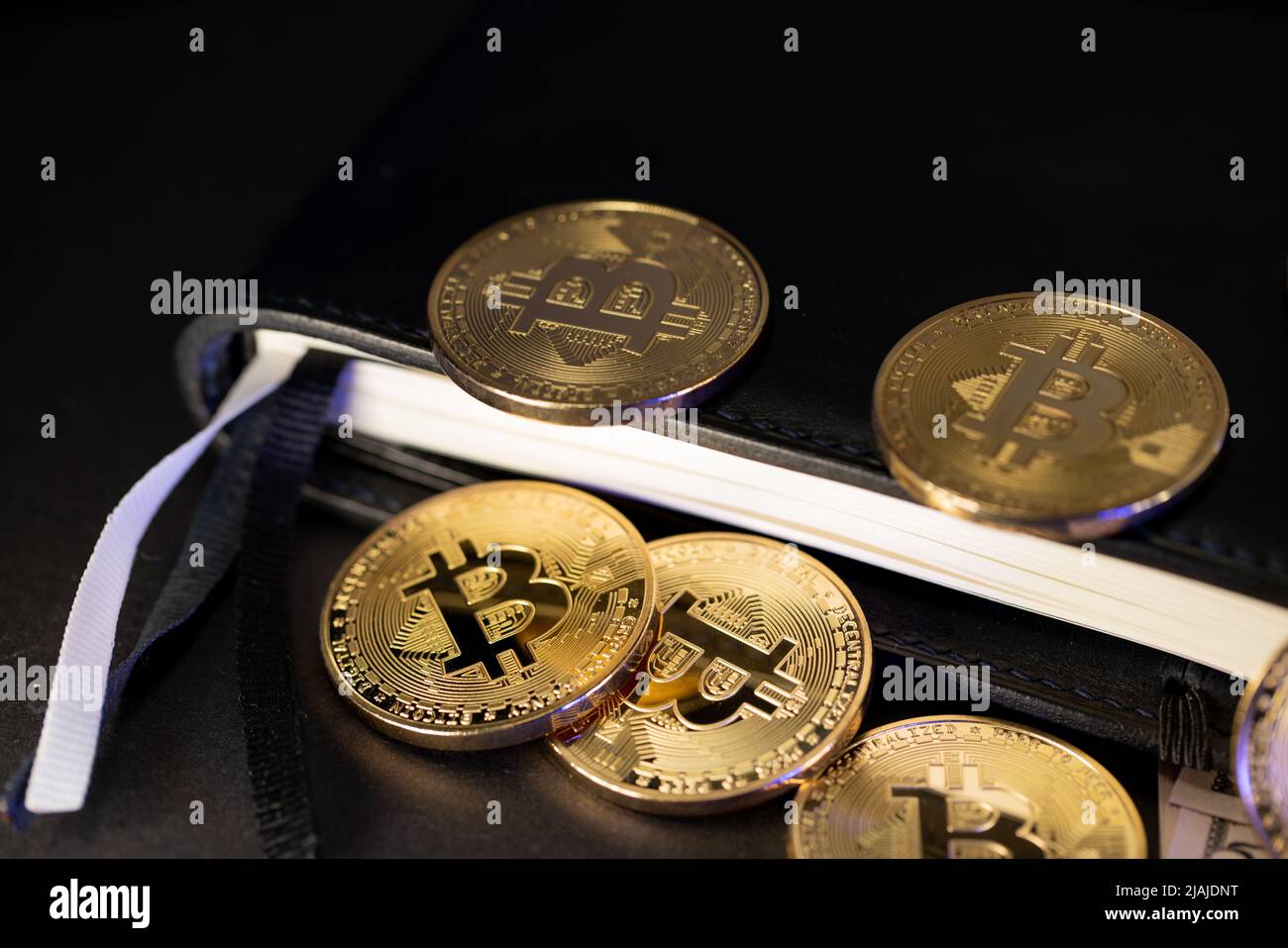 Monete in Bitcoin oro sulla parte superiore del Libro legato in pelle. Concetto di criptovaluta Ledger Foto Stock