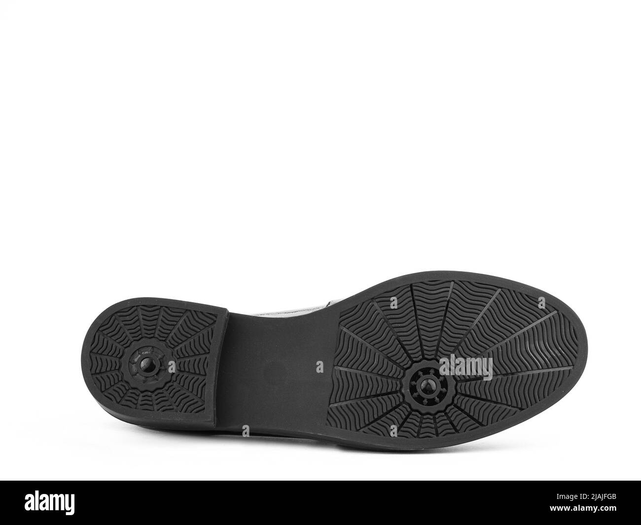 Suola per scarpe, vista dal basso. Primo piano della suola della scarpa isolata su sfondo bianco. Posiziona per il testo. Elemento di stivali. Concetto di produzione di accessori per calzature Foto Stock