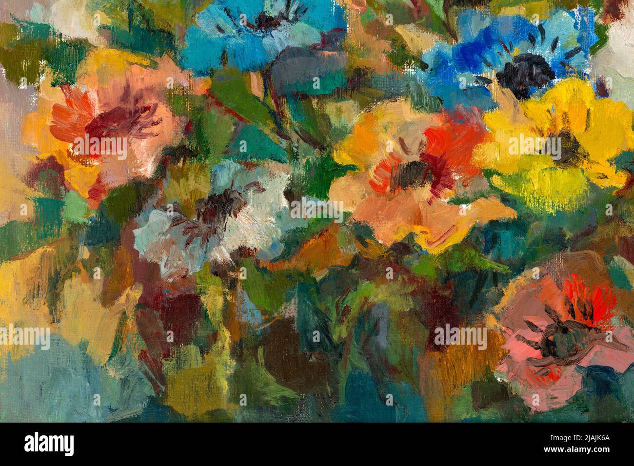 Primo piano di un dipinto ad olio in stile impressionista raffigurante un bouquet di fiori color pastello. Foto Stock