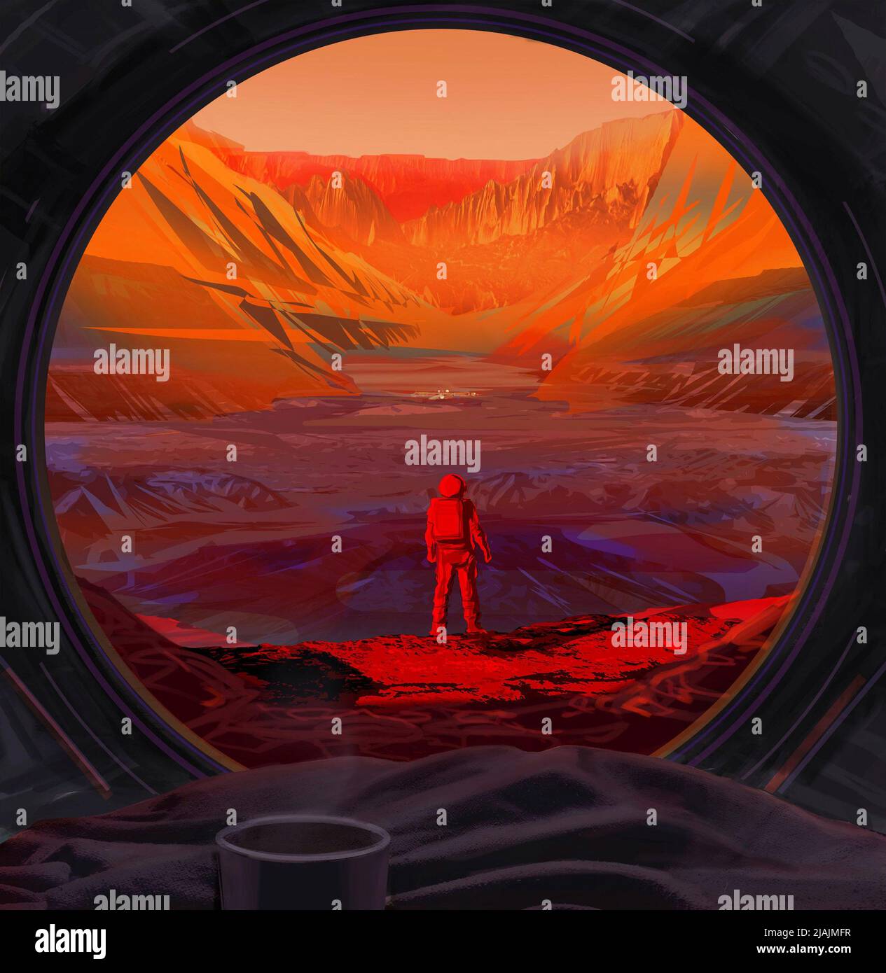 Il concetto dell'artista di astronauta su Marte, visto attraverso la finestra di un veicolo spaziale. Foto Stock