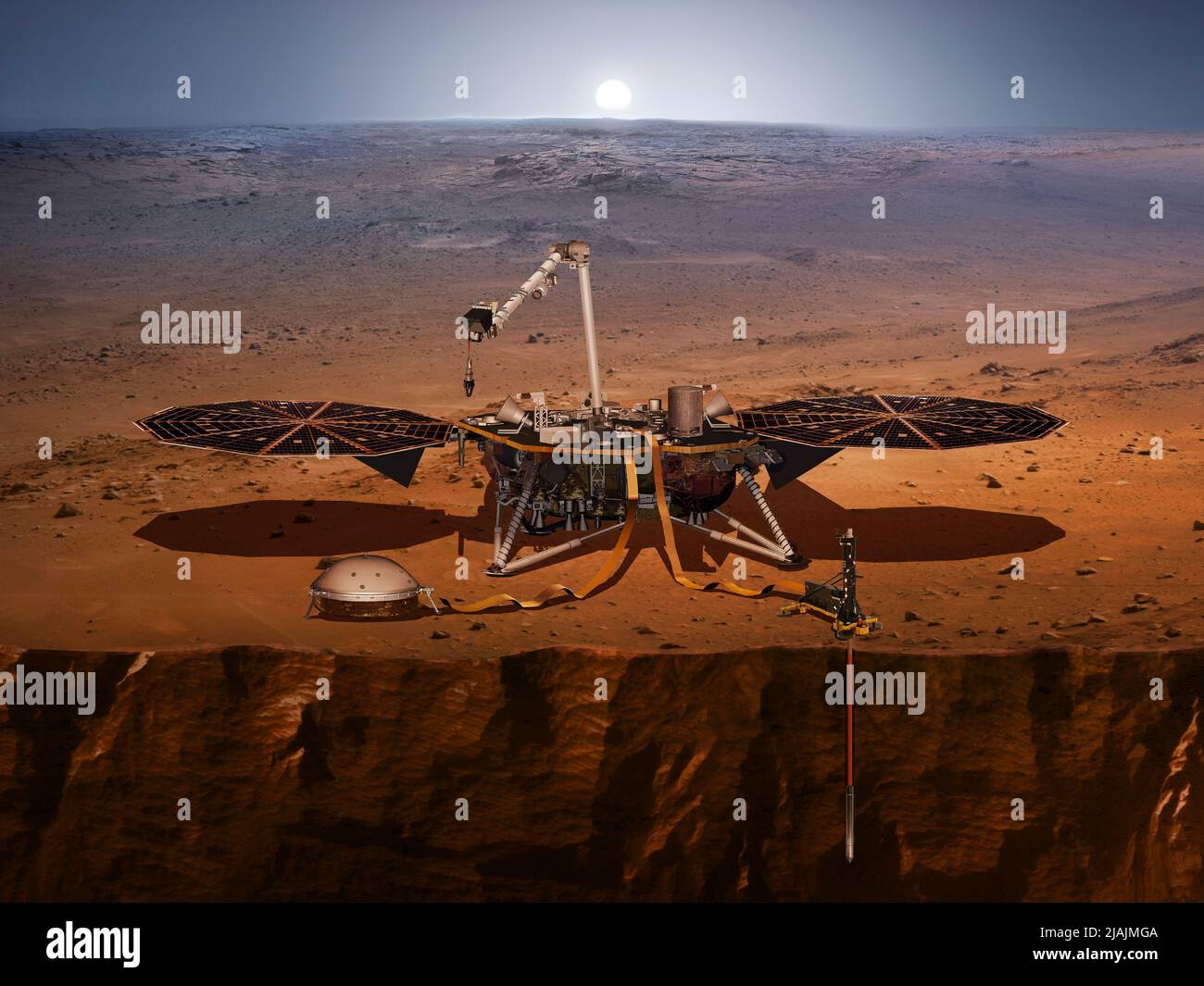 Il concetto dell'artista della lander Insight, dei suoi sensori, delle fotocamere e degli strumenti. Foto Stock