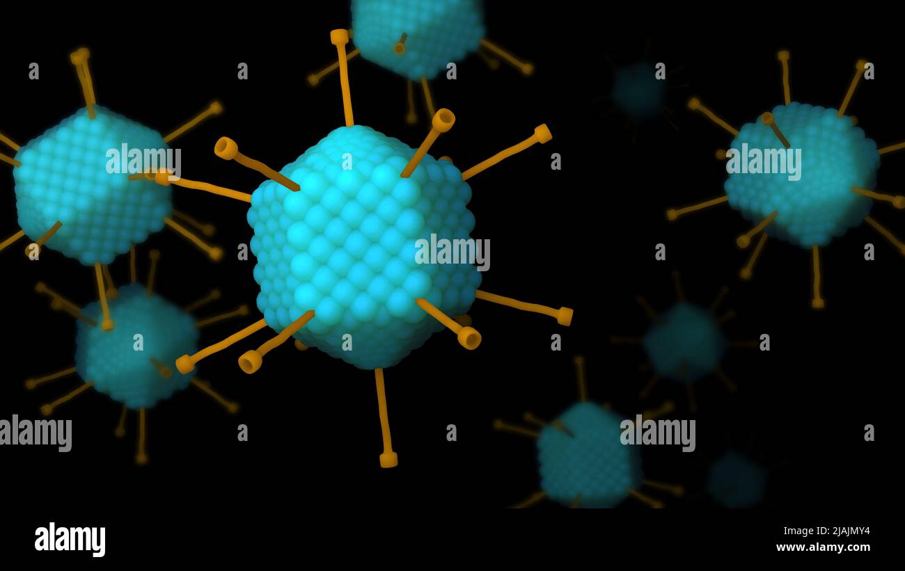 Illustrazione biomedica concettuale dell'adenovirus, su sfondo nero. Foto Stock