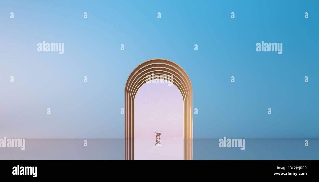 Finestre ad arco con sfondo cielo, concetto minimalista, rendering 3D Foto Stock