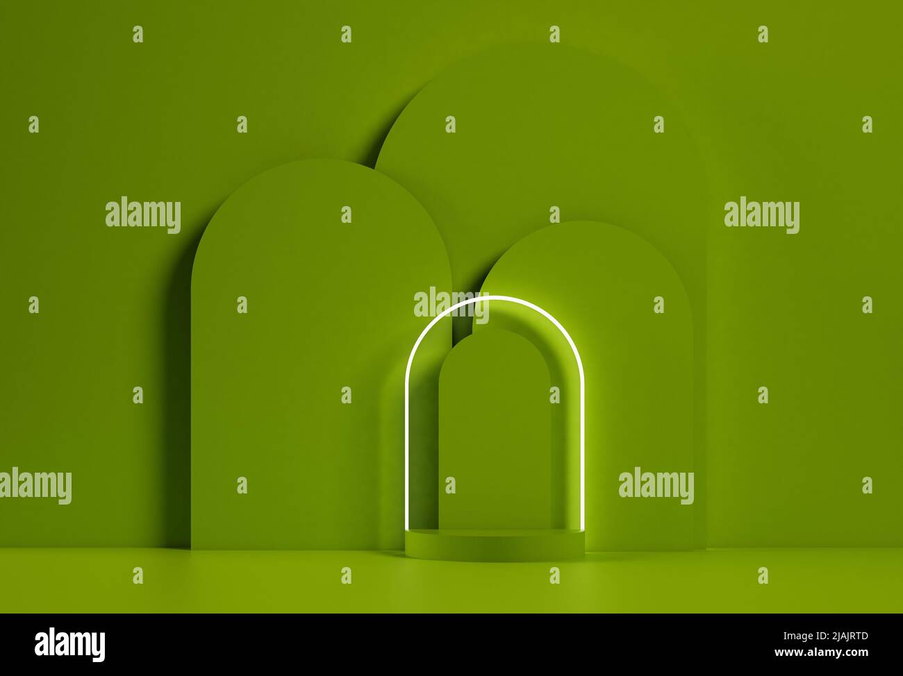 Sfondo ad arco verde lime 3D, con podio e sfondo minimale del display del prodotto, illustrazione a 3D rendering, forma geometrica Foto Stock