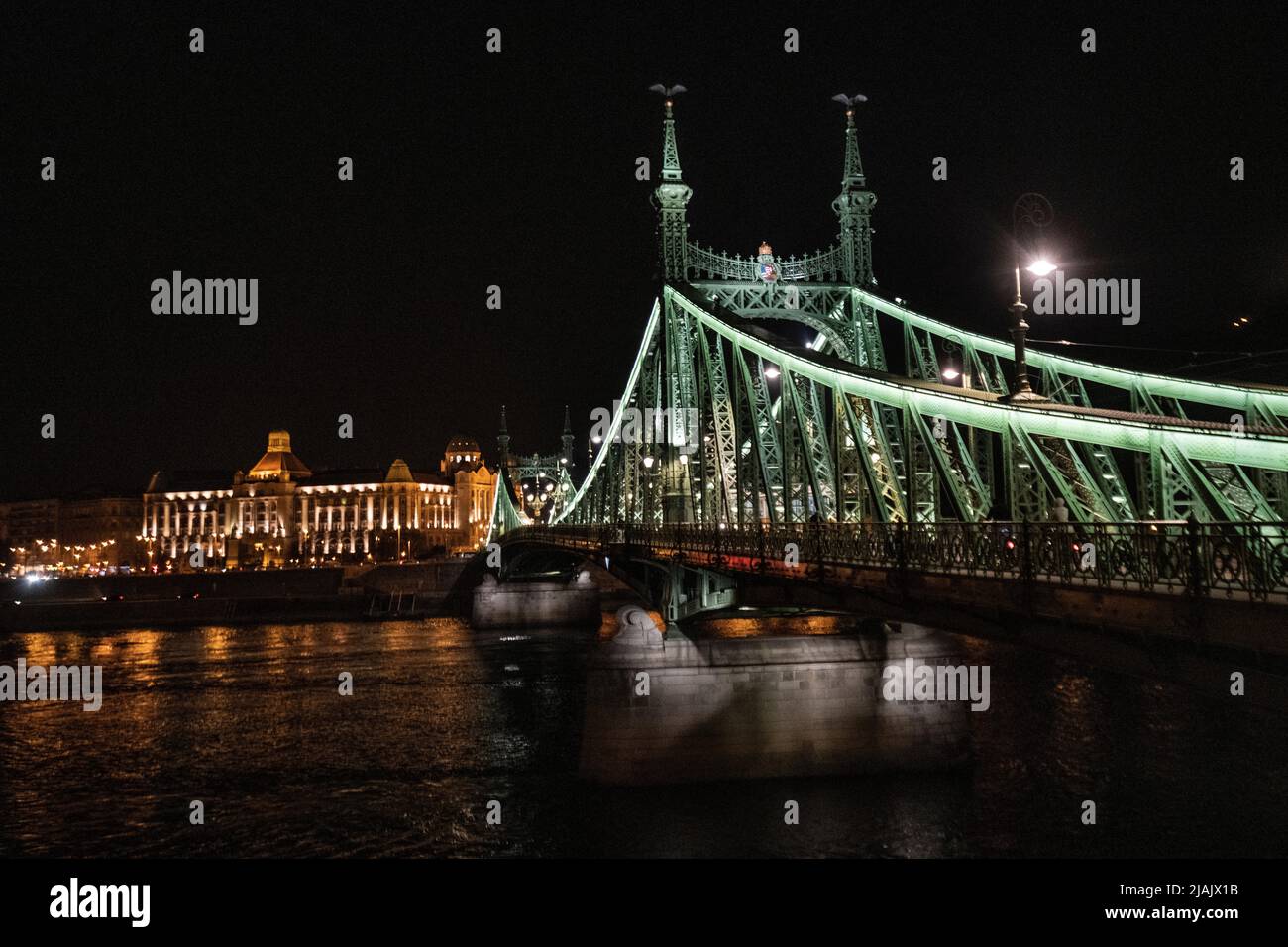 Budapest di notte: Ponte della libertà e Hotel Gellert, Ungheria Foto Stock