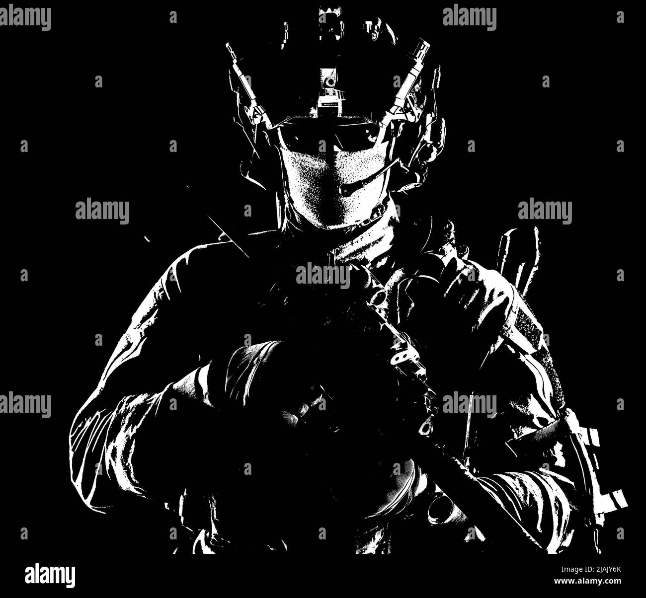 Serviceman dotato di armi moderne, in piedi nel buio, studio ritratto su sfondo nero. Foto Stock