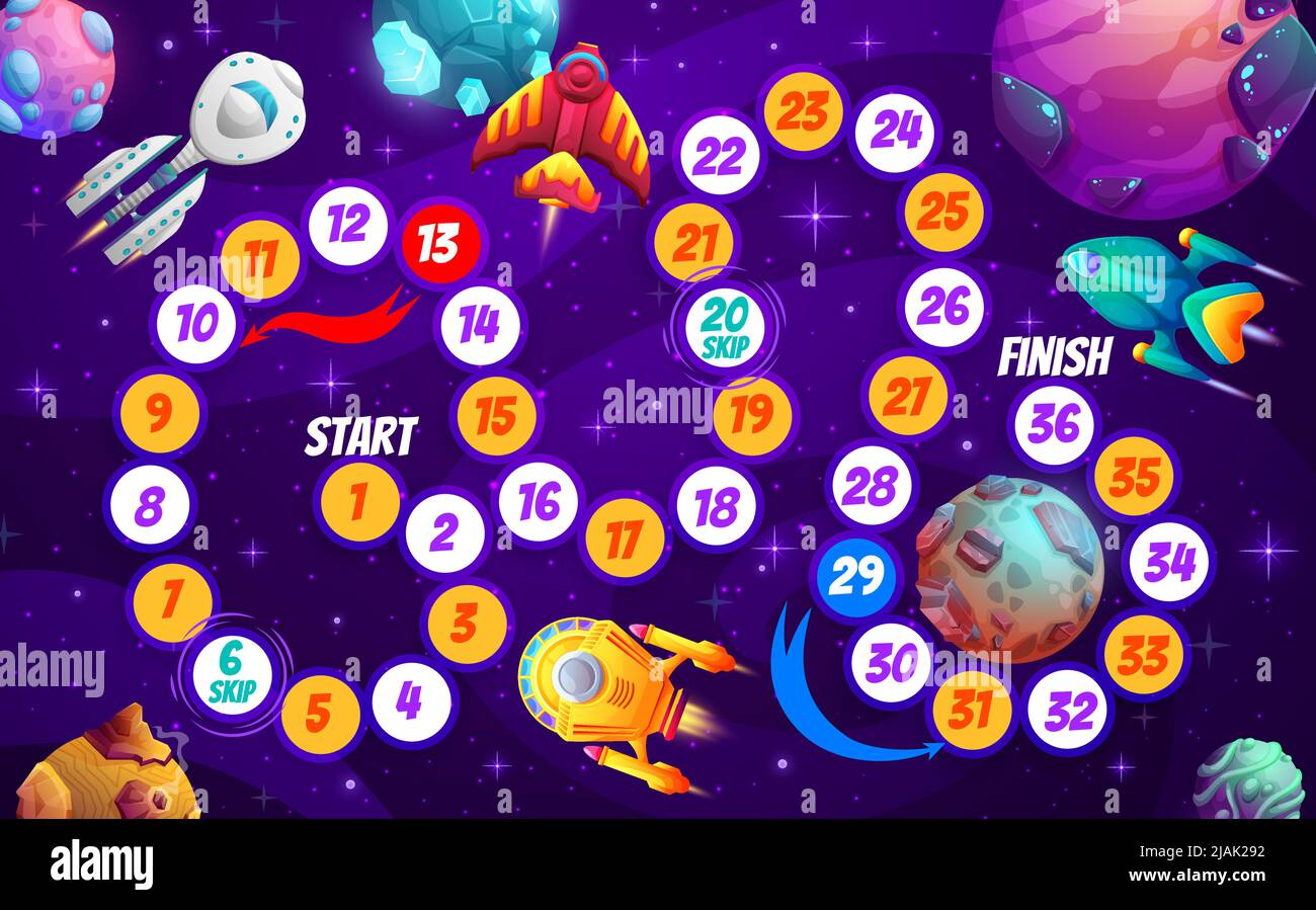 Gioco da tavolo per bambini, stelle galassie dell'universo dei cartoni animati, razzi e navicelle spaziali. Gioco di bordo vettoriale con percorso serpente numerato e veicolo spaziale nello spazio, puzzle a piedi per la famiglia e i bambini, enigma cosmico di viaggio Illustrazione Vettoriale