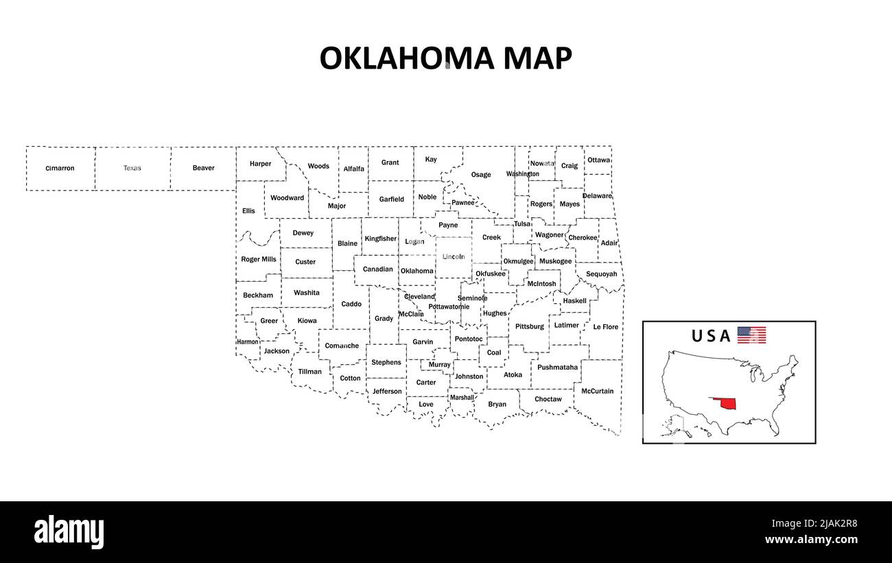 Mappa di Oklahoma. Mappa dello stato e del distretto di Oklahoma. Mappa politica dell'Oklahoma con i paesi e i confini vicini. Illustrazione Vettoriale
