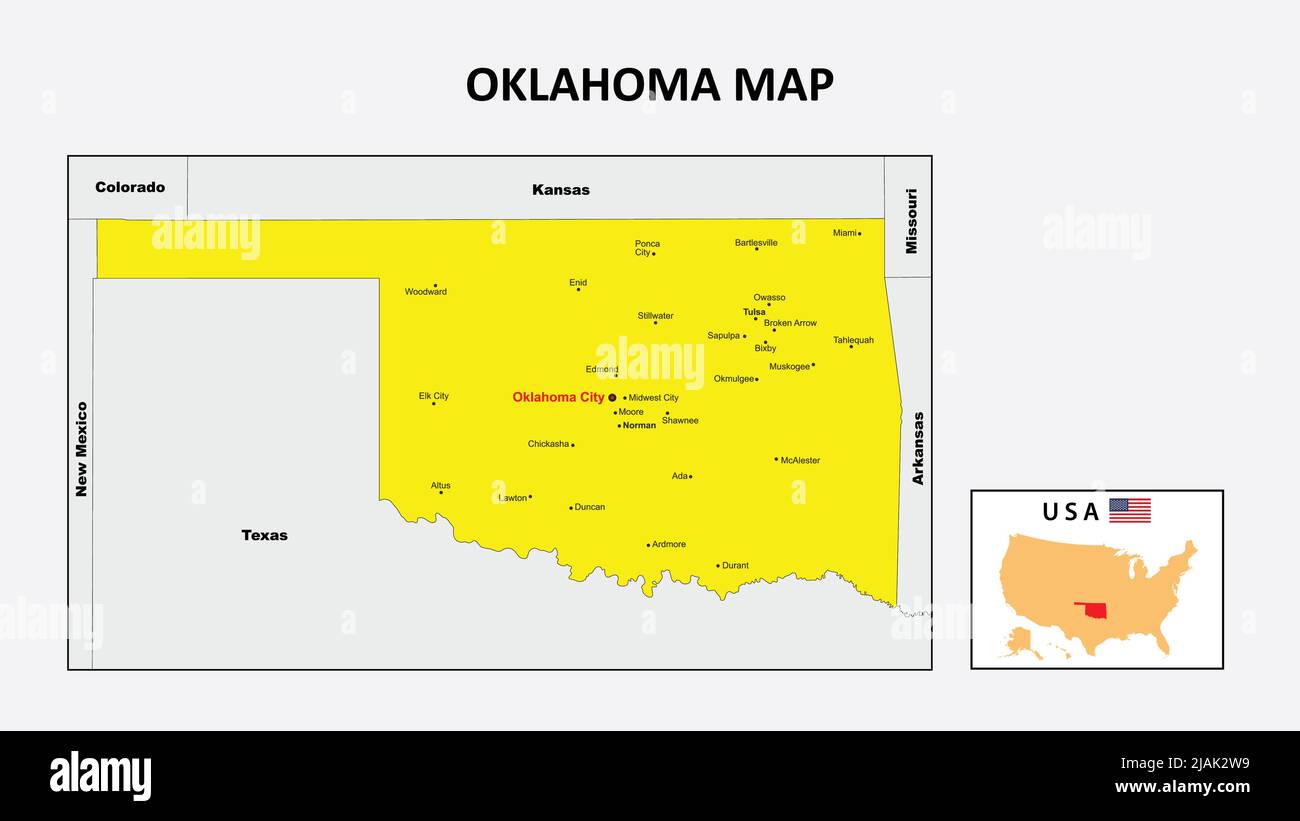 Mappa di Oklahoma. Mappa dello stato e del distretto di Oklahoma. Mappa politica dell'Oklahoma con il distretto principale Illustrazione Vettoriale