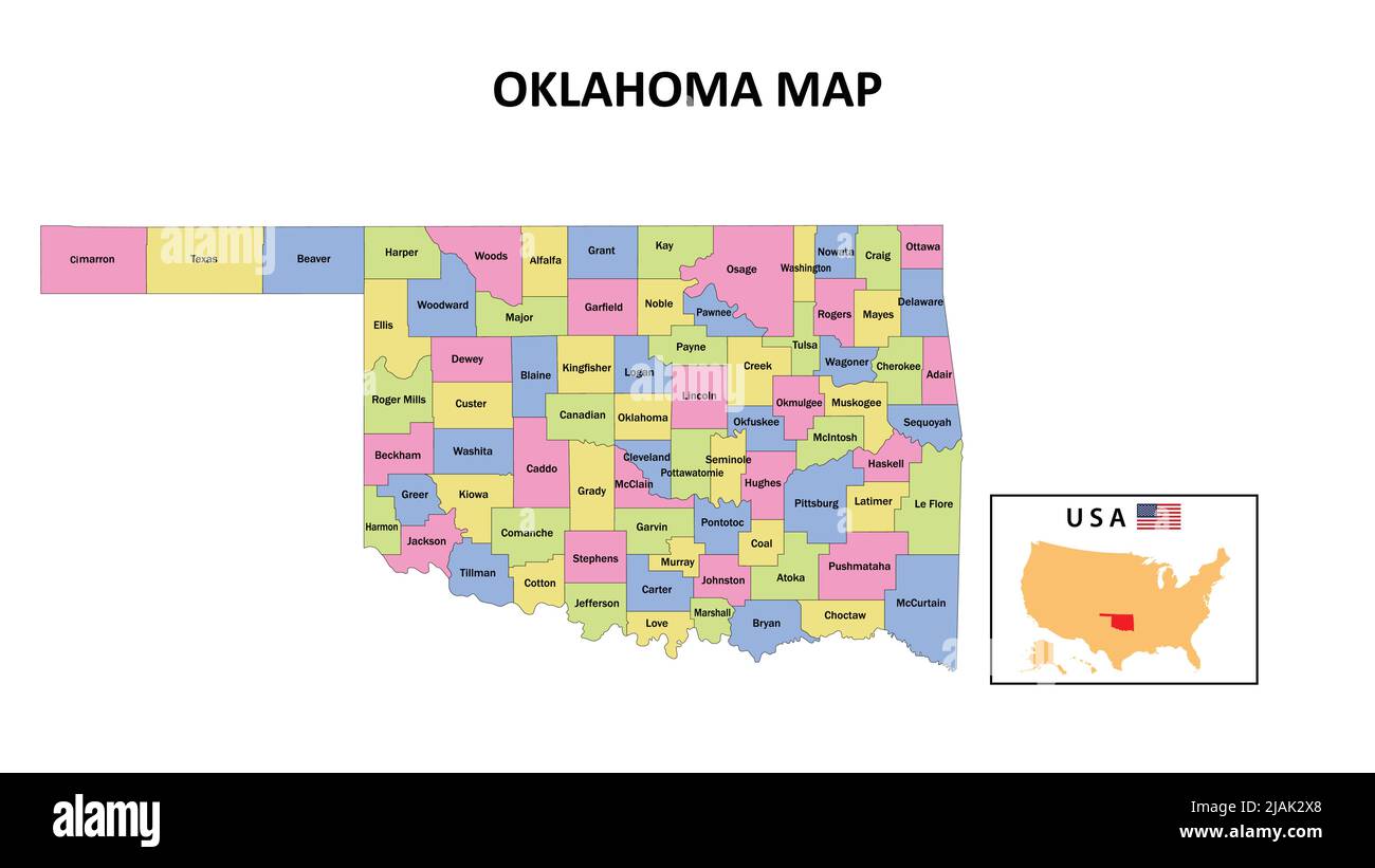 Mappa di Oklahoma. Mappa dello stato e del distretto di Oklahoma. Mappa politica dell'Oklahoma con i paesi e i confini vicini. Illustrazione Vettoriale