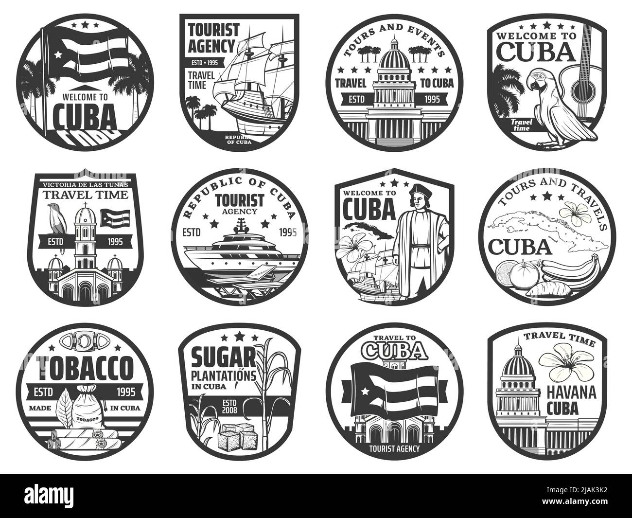 Cuba viaggi e turismo icone, Havana punti di riferimento e tour della città, vettore. Cuba insegne, viaggi in barca Caraibi, emblemi di agenzia di viaggi con Cuba visite turistiche e attrazioni turistiche luoghi di interesse Illustrazione Vettoriale